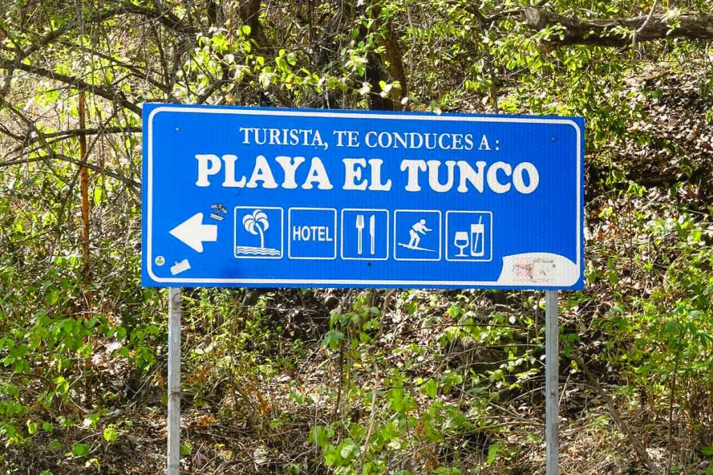 Road sign for the turn off to El Tunco beach. Visitors know they have arrived when they see this.