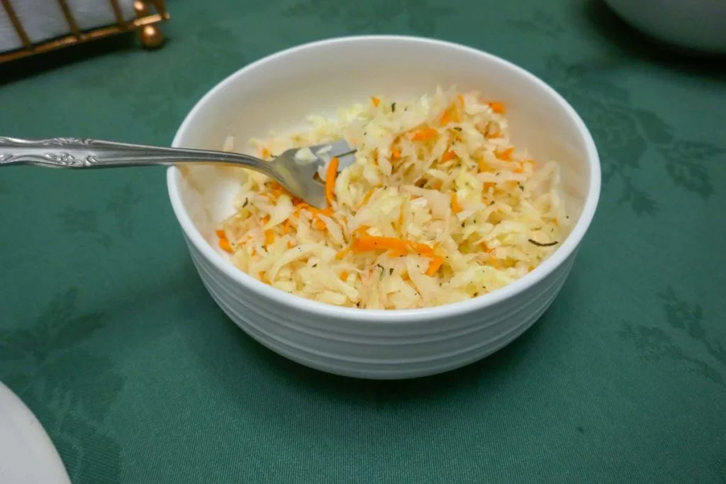 Curtido that has not been fermented has a different texture and less liquid.