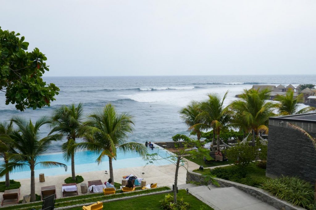 Surf spot El Zonte, El Salvador. View from hotel with pool.