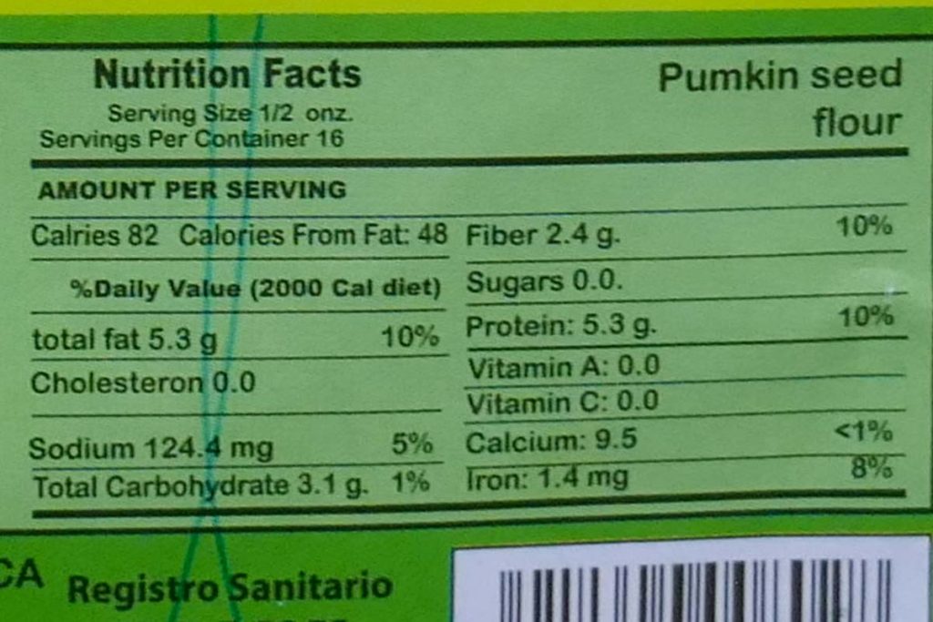 Food label for 4 ounce packet of alguashte.