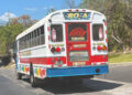 Image shows a ordinario bus the most popular way of getting around El salvador