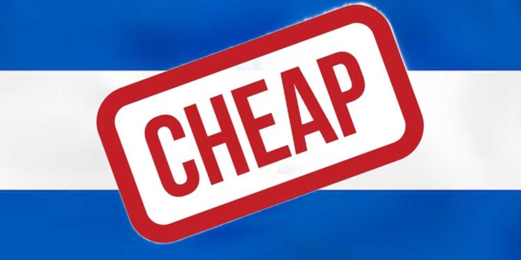 A stamp saying cheap on the flag of El Salvdor is used to illustrate the subject of the post is El Salvador cheap?