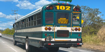 Image shows El Salvador Bus 102 San Salvador to La Libertad with a dark green color with white horizontal stripes